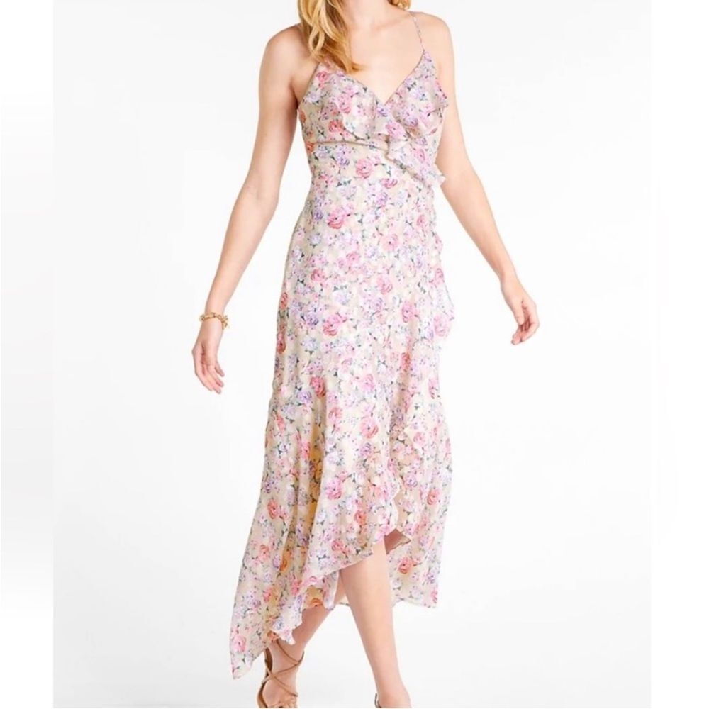 Express Floral Ruffle‎ Feminine Faux Wrap Hi-Lo Maxi Dress Size LARGE